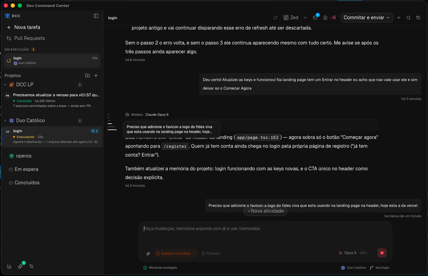 Dev Command Center — workspaces, sessão de codex, contexto de PR e git lado a lado